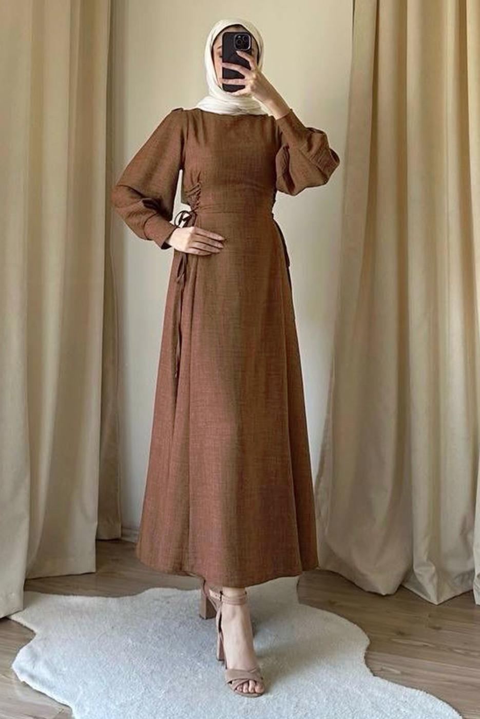 Tesettür giyim KAHVE BAĞCIK DETAYLI ELBİSE T 2695