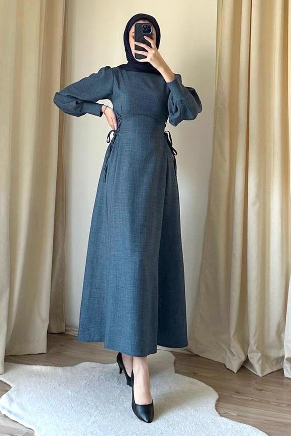 Tesettür giyim LACİVERT BAĞCIK DETAYLI ELBİSE T 2695