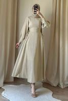 Tesettür giyim BEJ BAĞCIK DETAYLI ELBİSE T 2695