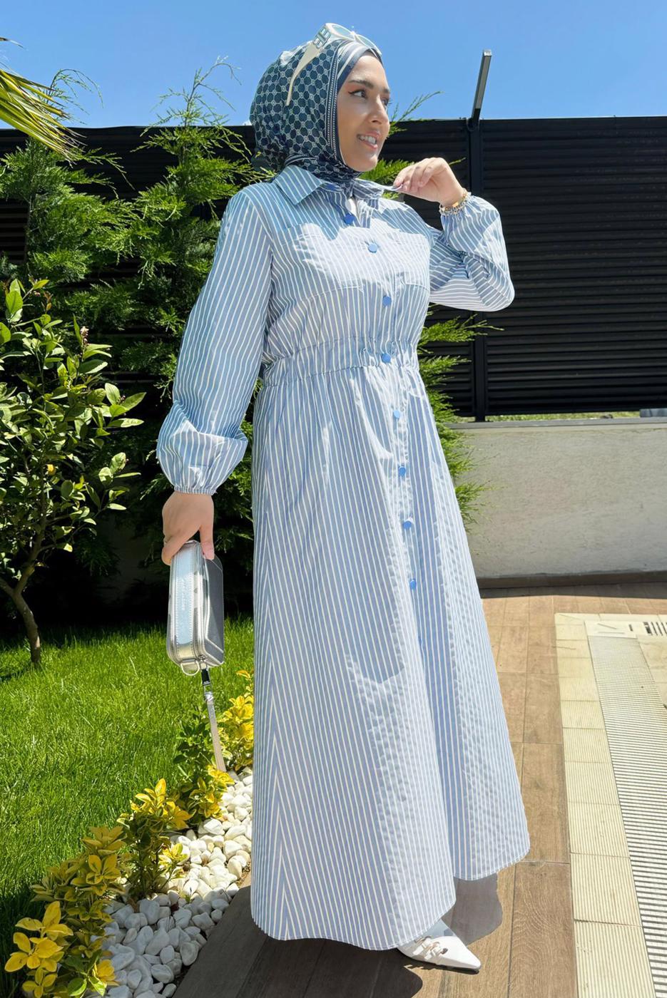 Vêtements hijab BLEU ROBE À RAYURES T 2801