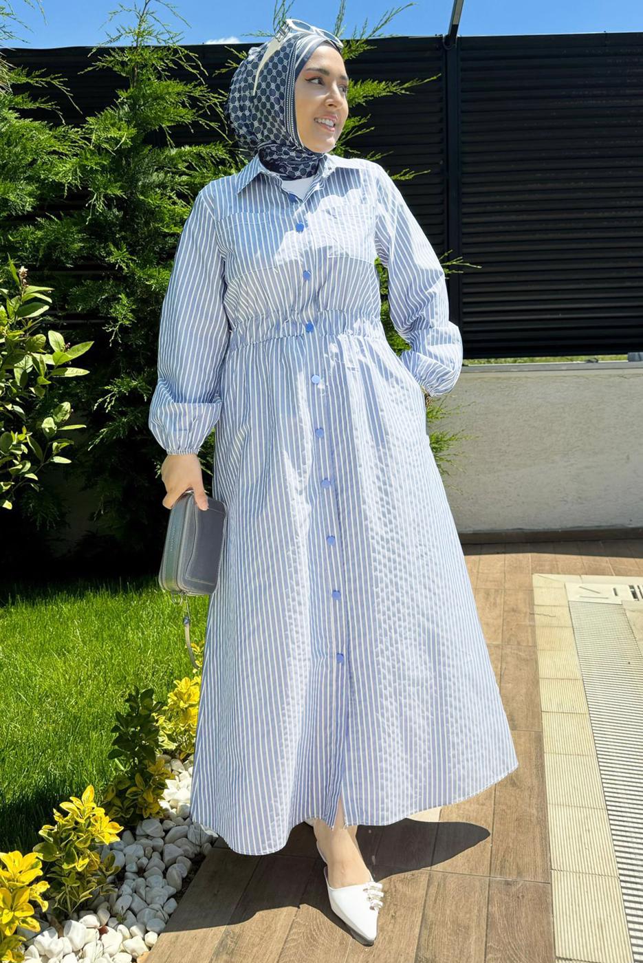 Vêtements hijab BLEU ROBE À RAYURES T 2801