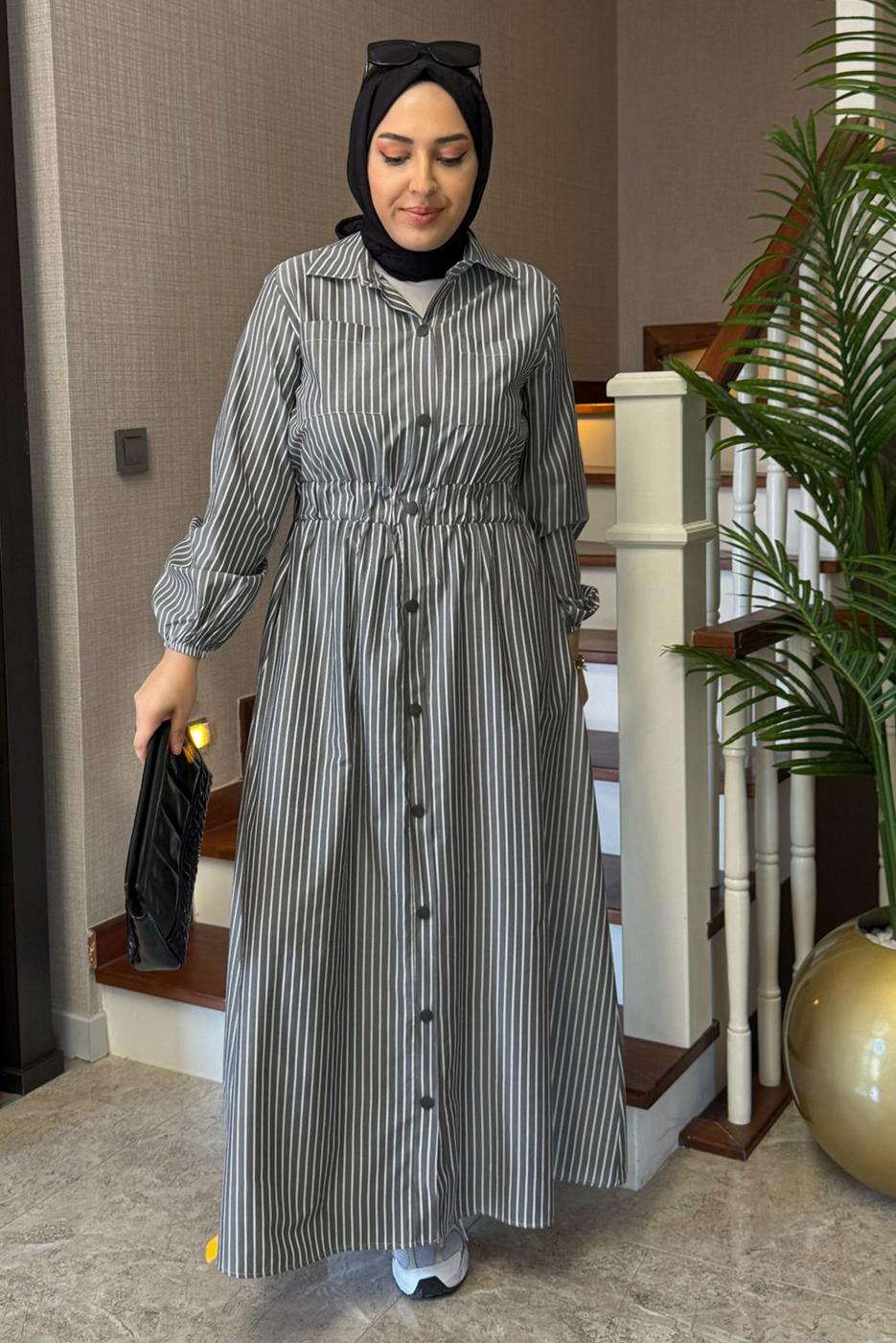 Vêtements hijab GRIS ROBE À RAYURES T 2801