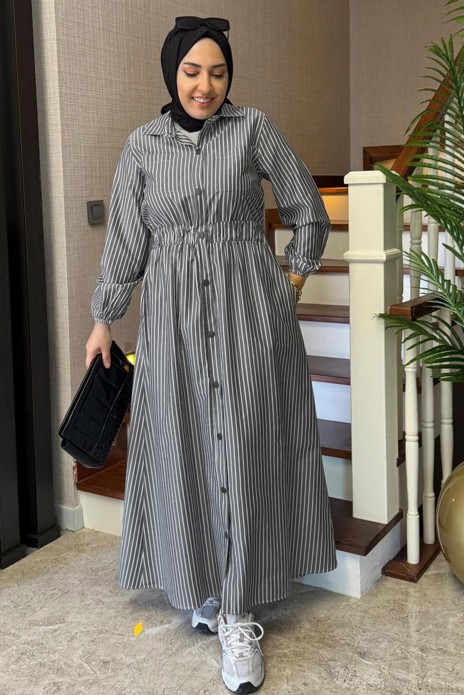 Vêtements hijab GRIS ROBE À RAYURES T 2801