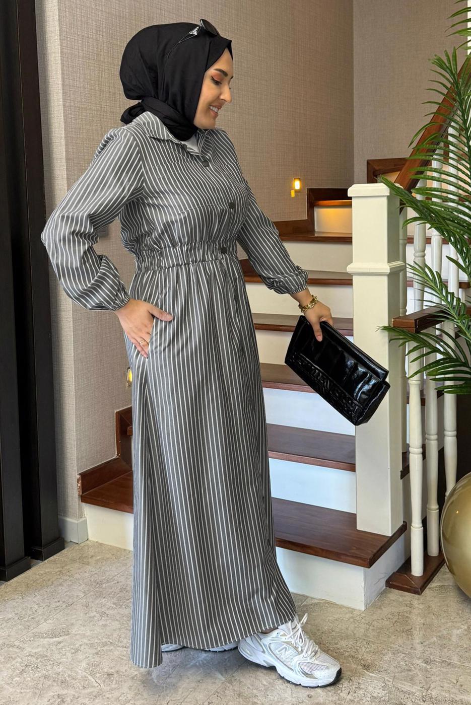 Vêtements hijab GRIS ROBE À RAYURES T 2801