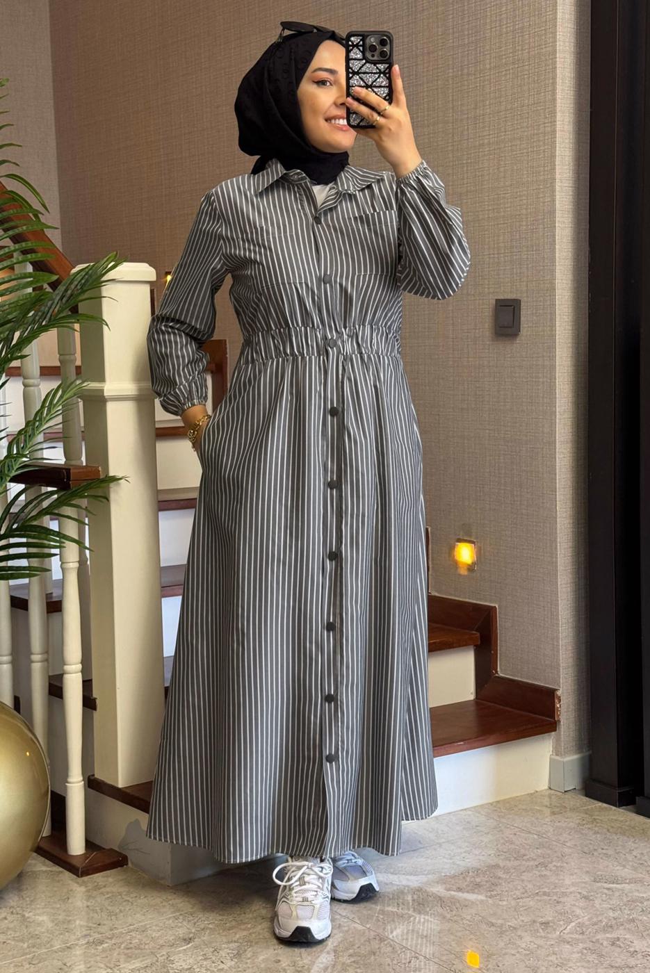 Vêtements hijab GRIS ROBE À RAYURES T 2801