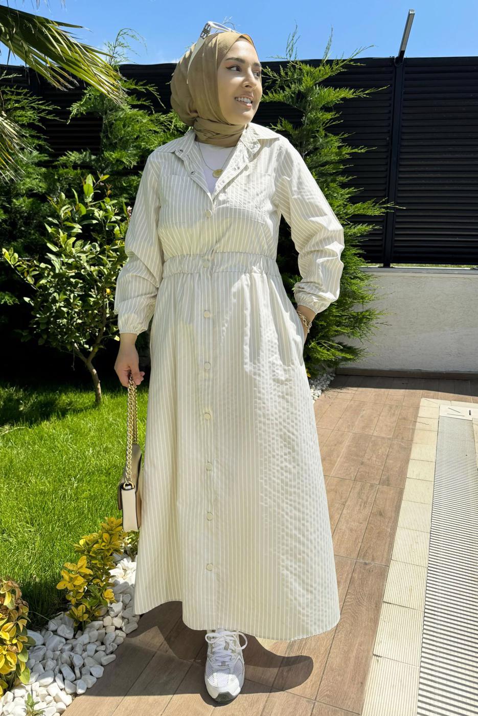 Tesettür giyim BEJ ÇİZGİLİ GÖMLEK YAKA ELBİSE T 2801