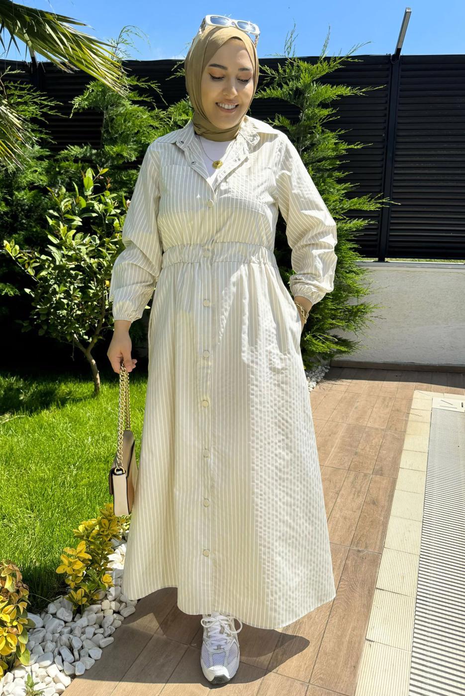 Tesettür giyim BEJ ÇİZGİLİ GÖMLEK YAKA ELBİSE T 2801