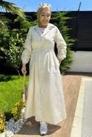 Tesettür giyim BEJ ÇİZGİLİ GÖMLEK YAKA ELBİSE T 2801