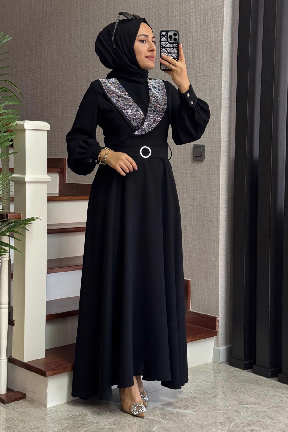 Tesettür giyim SİYAH TAŞLI KEMERLİ ELBİSE T 2848