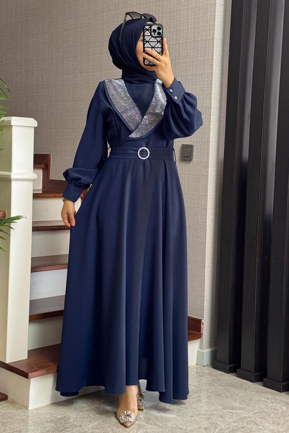 Tesettür giyim LACİVERT TAŞLI KEMERLİ ELBİSE T 2848