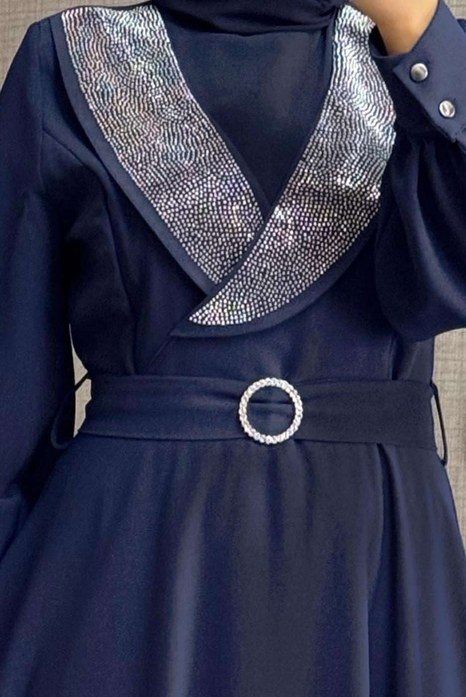 Tesettür giyim LACİVERT TAŞLI KEMERLİ ELBİSE T 2848