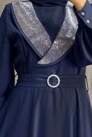 Tesettür giyim LACİVERT TAŞLI KEMERLİ ELBİSE T 2848