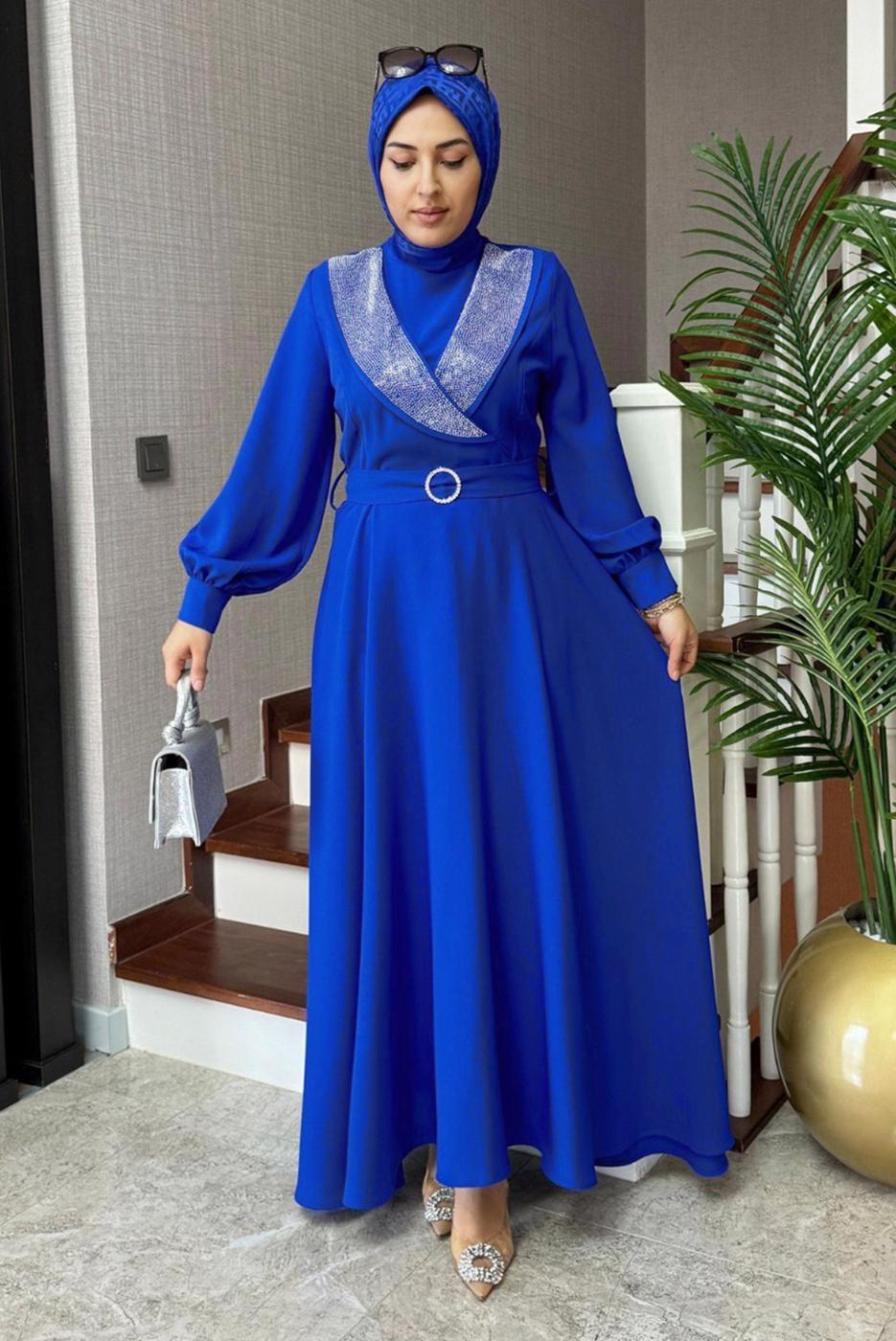 Tesettür giyim LACİVERT TAŞLI KEMERLİ ELBİSE T 2848