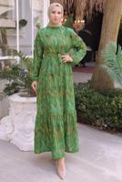 Tesettür giyim YEŞİL KUŞAKLI DESENLİ ELBİSE T 30021