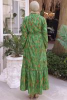 Tesettür giyim YEŞİL KUŞAKLI DESENLİ ELBİSE T 30021