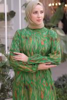 Tesettür giyim YEŞİL KUŞAKLI DESENLİ ELBİSE T 30021