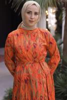 Tesettür giyim TURUNCU KUŞAKLI DESENLİ ELBİSE T 30021
