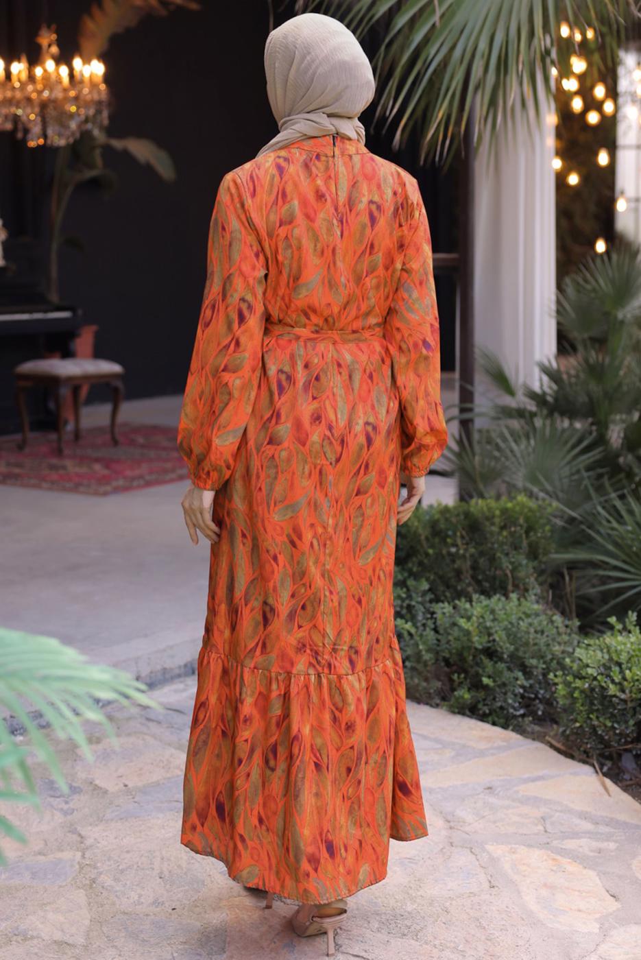 Tesettür giyim TURUNCU KUŞAKLI DESENLİ ELBİSE T 30021