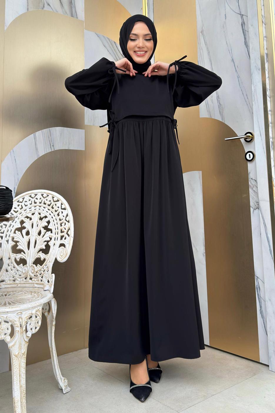 Tesettür giyim SİYAH PAMUKLU PARÇA DETAYLI ELBİSE T 3006