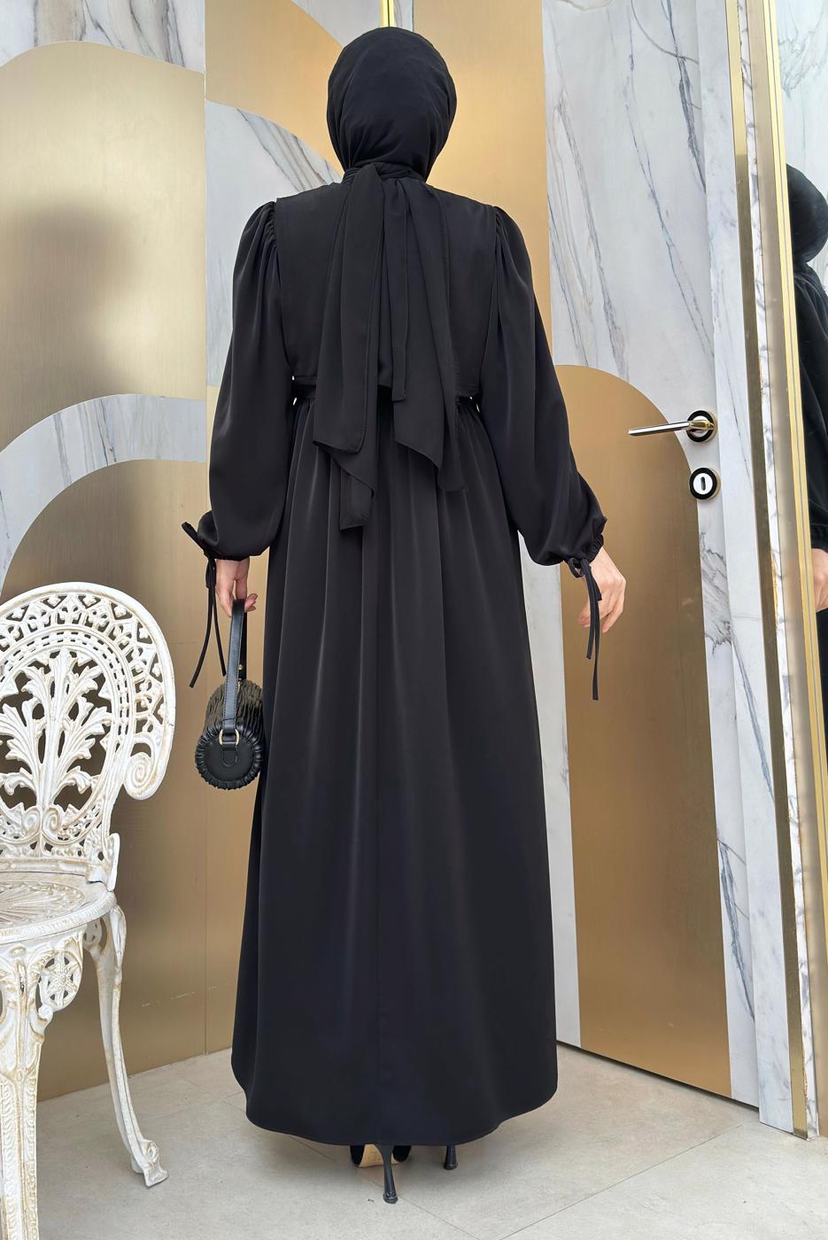 Tesettür giyim SİYAH PAMUKLU PARÇA DETAYLI ELBİSE T 3006