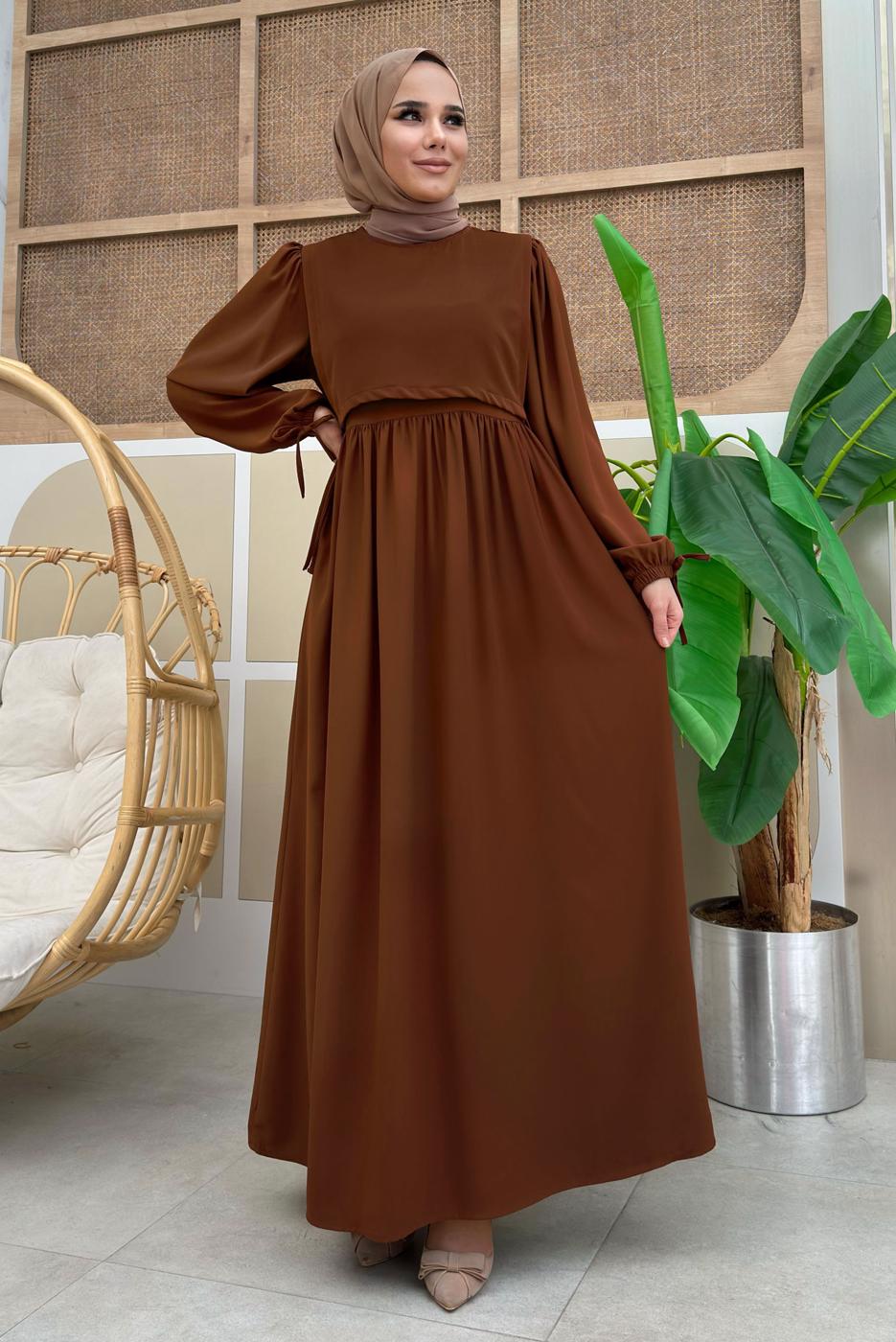 Tesettür giyim KAHVE PAMUKLU PARÇA DETAYLI ELBİSE T 3006