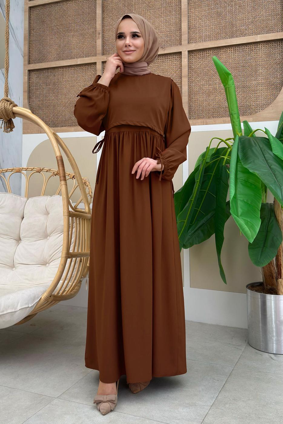 Tesettür giyim KAHVE PAMUKLU PARÇA DETAYLI ELBİSE T 3006