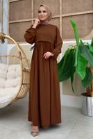 Tesettür giyim KAHVE PAMUKLU PARÇA DETAYLI ELBİSE T 3006