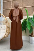 Tesettür giyim KAHVE PAMUKLU PARÇA DETAYLI ELBİSE T 3006
