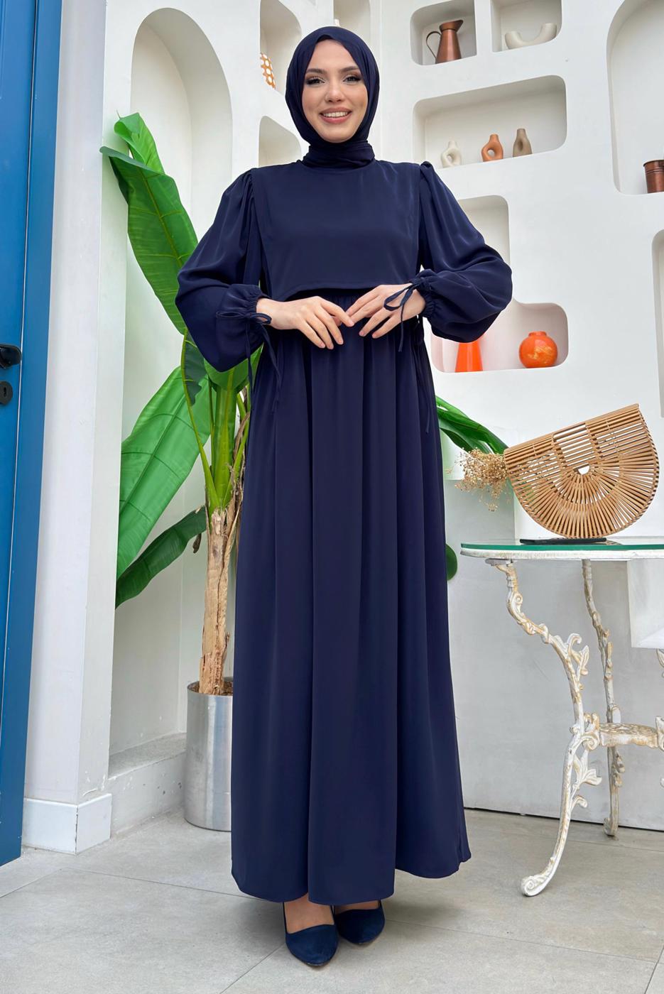 Tesettür giyim LACİVERT PAMUKLU PARÇA DETAYLI ELBİSE T 3006
