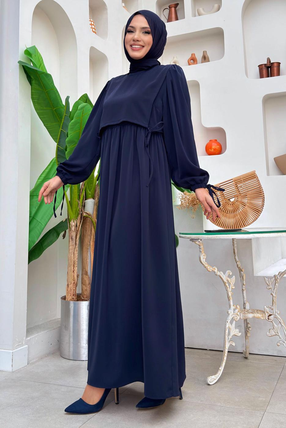 Tesettür giyim LACİVERT PAMUKLU PARÇA DETAYLI ELBİSE T 3006