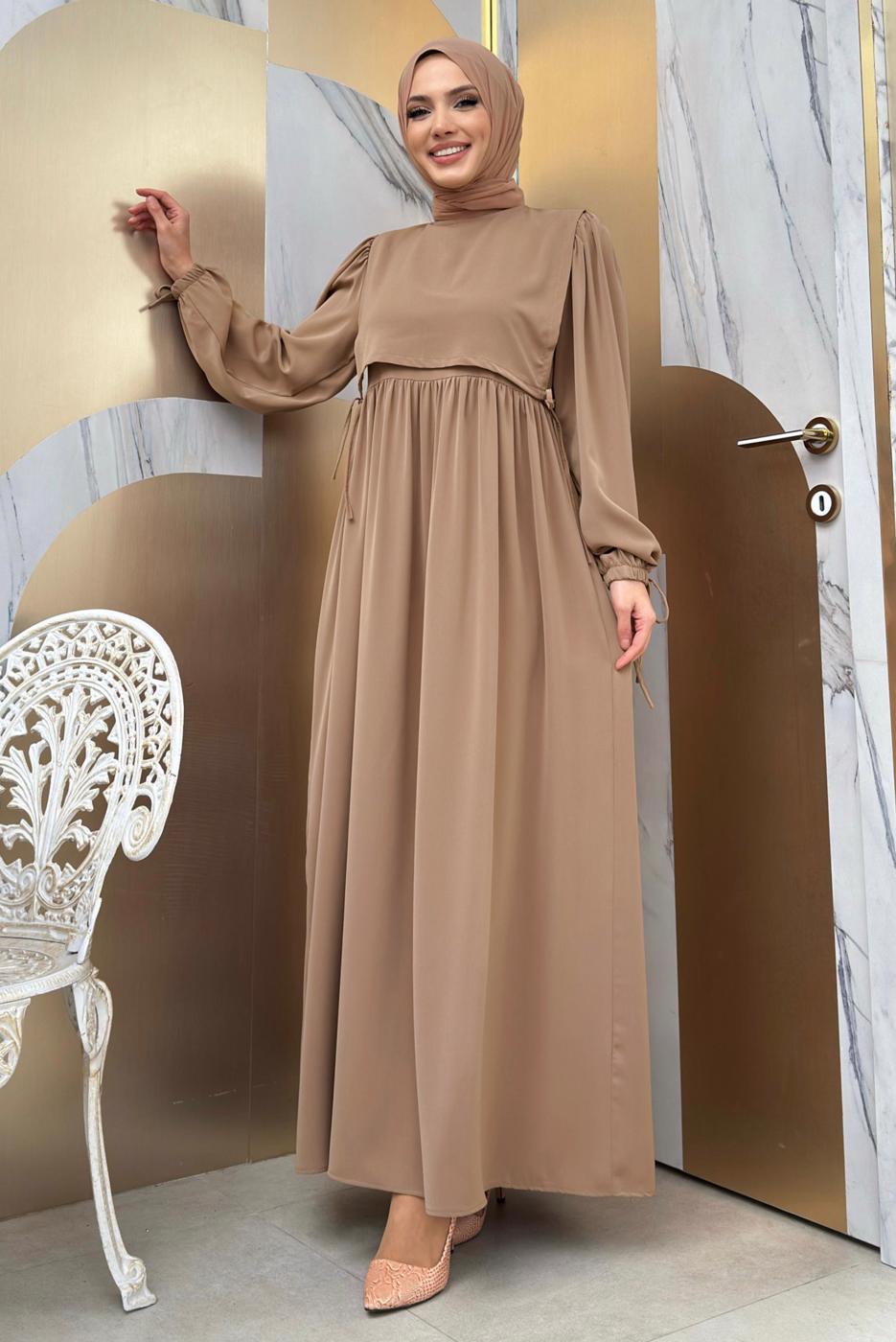 Tesettür giyim VİZON PAMUKLU PARÇA DETAYLI ELBİSE T 3006