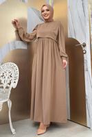 Tesettür giyim VİZON PAMUKLU PARÇA DETAYLI ELBİSE T 3006