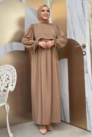 Tesettür giyim VİZON PAMUKLU PARÇA DETAYLI ELBİSE T 3006