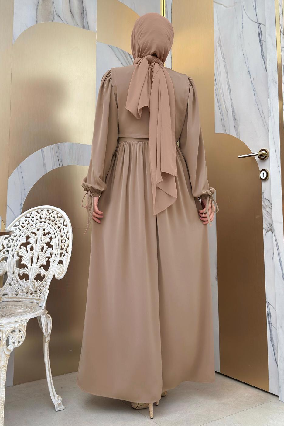 Tesettür giyim VİZON PAMUKLU PARÇA DETAYLI ELBİSE T 3006