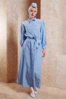 Tesettür giyim MAVİ KUŞAKLI ÇİZGİLİ ELBİSE T 3202