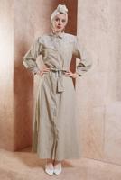 Tesettür giyim BEJ KUŞAKLI ÇİZGİLİ ELBİSE T 3202