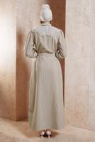 Tesettür giyim BEJ KUŞAKLI ÇİZGİLİ ELBİSE T 3202