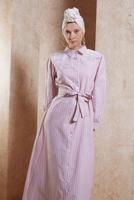 Tesettür giyim PUDRA KUŞAKLI ÇİZGİLİ ELBİSE T 3202