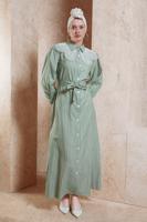 Tesettür giyim YEŞİL KUŞAKLI ÇİZGİLİ ELBİSE T 3202