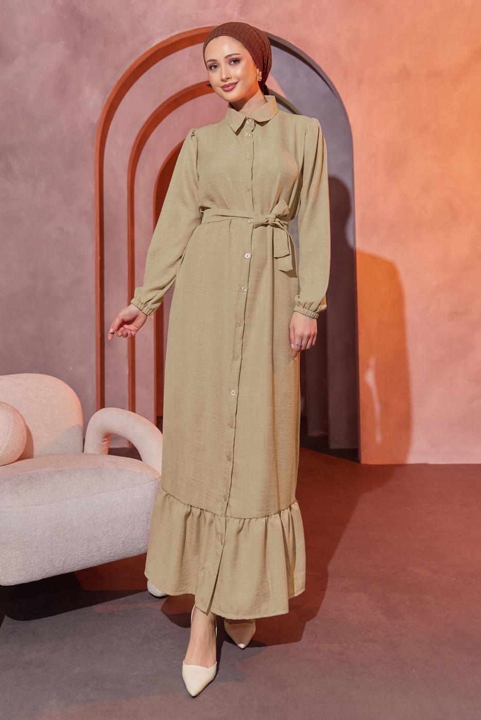 Tesettür giyim BEJ KUŞAKLI ELBİSE T 3493