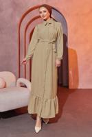 Tesettür giyim BEJ KUŞAKLI ELBİSE T 3493