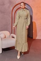 Tesettür giyim BEJ KUŞAKLI ELBİSE T 3493