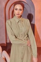 Tesettür giyim BEJ KUŞAKLI ELBİSE T 3493