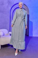 Tesettür giyim GRİ KUŞAKLI ELBİSE T 3493