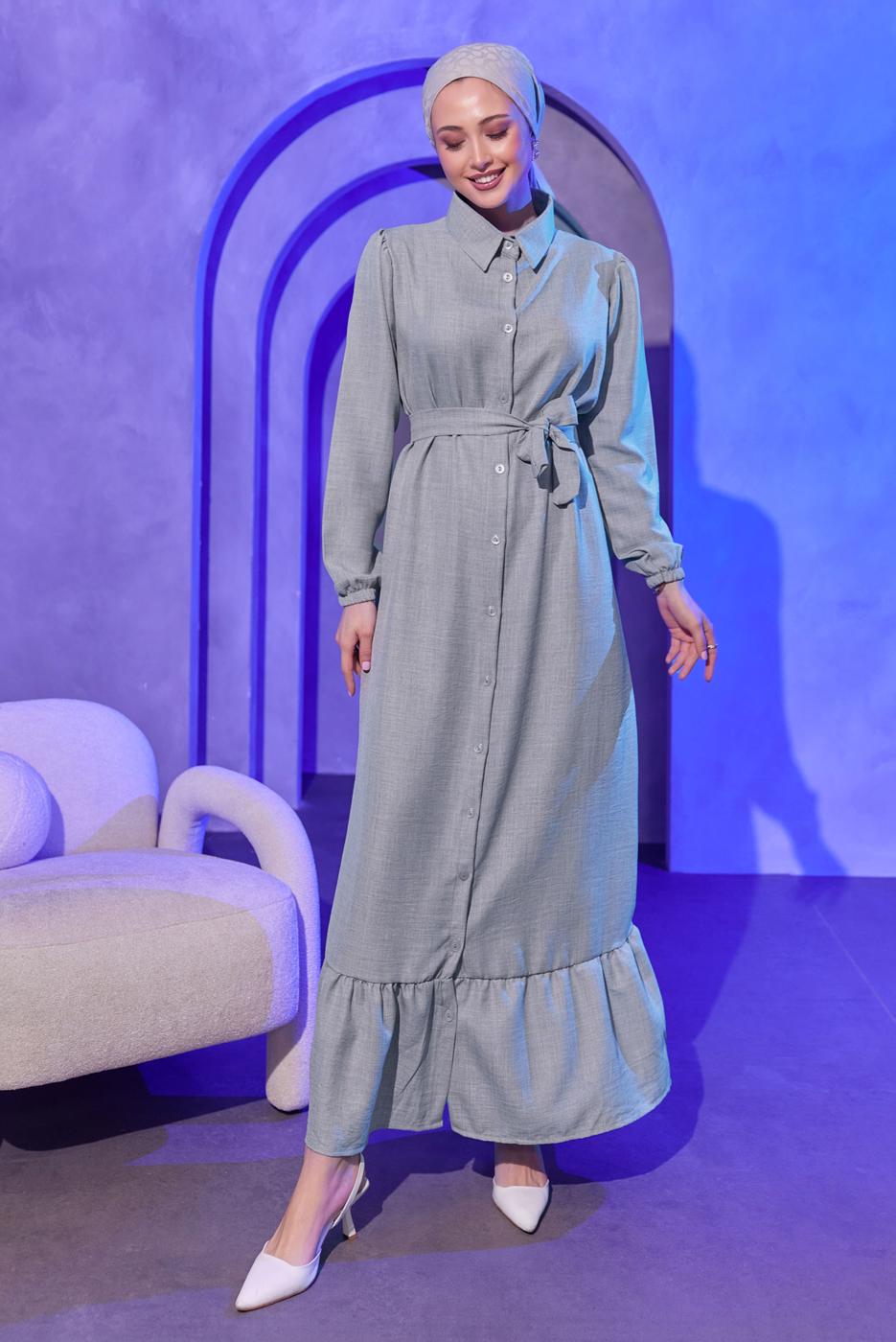 Tesettür giyim GRİ KUŞAKLI ELBİSE T 3493