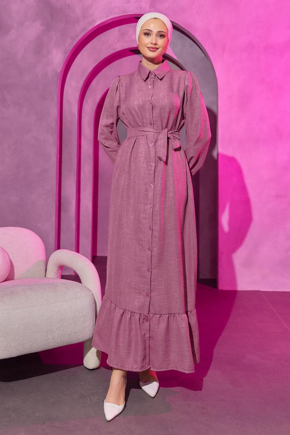 Tesettür giyim MOR KUŞAKLI ELBİSE T 3493