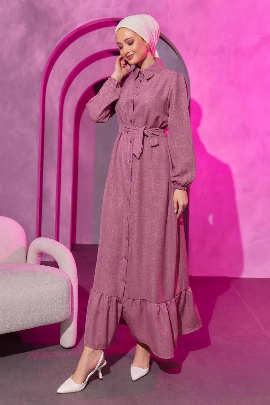Tesettür giyim MOR KUŞAKLI ELBİSE T 3493