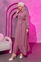 Tesettür giyim MOR KUŞAKLI ELBİSE T 3493