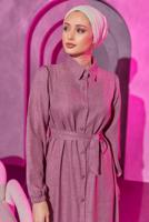 Tesettür giyim MOR KUŞAKLI ELBİSE T 3493