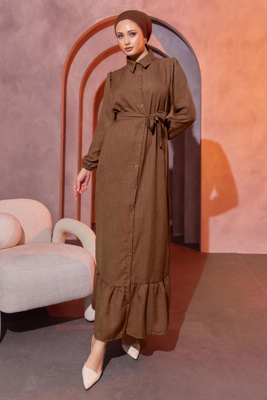 Tesettür giyim KAHVE KUŞAKLI ELBİSE T 3493